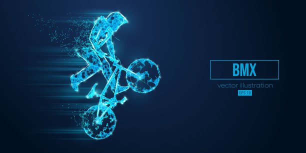 抽象线框轮廓的小轮车骑手从三角形和粒子在蓝色背景，人正在做一个技巧，孤立。自行车运动交通工具。矢量图图片下载