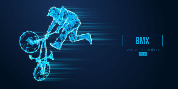 抽象线框轮廓的小轮车骑手从三角形和粒子在蓝色背景，人正在做一个技巧，孤立。自行车运动交通工具。矢量图图片下载