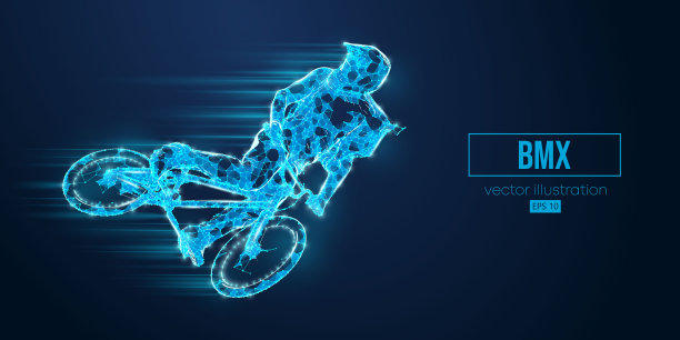 抽象线框轮廓的小轮车骑手从三角形和粒子在蓝色背景，人正在做一个技巧，孤立。自行车运动交通工具。矢量图图片下载