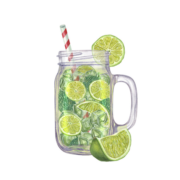 水彩夏天清爽莫吉托隔离在白色背景。青柠片，薄荷叶，冰块，吸管，玻璃瓶，汤力水。菜单插图，鸡尾酒会，传单图片下载