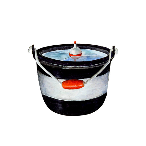 水彩画捞桶，黑白红柄。装满了水，中间漂浮着一个小圆桶。垂钓器用于壁纸，标志，横幅，图标，卡片，传单，纺织品，明信片，包装纸，贴纸，壁纸图片下载