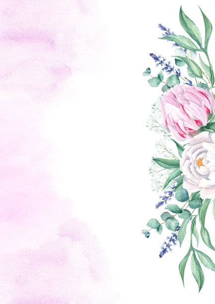 花卉背景卡。婚礼邀请模板与白色和粉红色的牡丹，薰衣草，gypsophila，和桉树，紫色水彩飞溅。用于保存日期，贺卡，海报和封面设计。图片下载