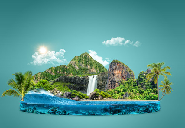 三维插图的一块水族馆或海洋与景观。孤岛世外桃源，旅游旅游广告。旅游度假背景。美丽的冲浪海浪与水下景色隔绝。图片下载