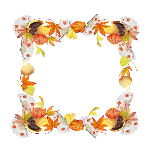 手绘水彩画的日本传统糖果。方形框架的秋天和树叶。孤立在白色背景上。设计邀请，餐厅菜单，贺卡，印刷，纺织品图片下载