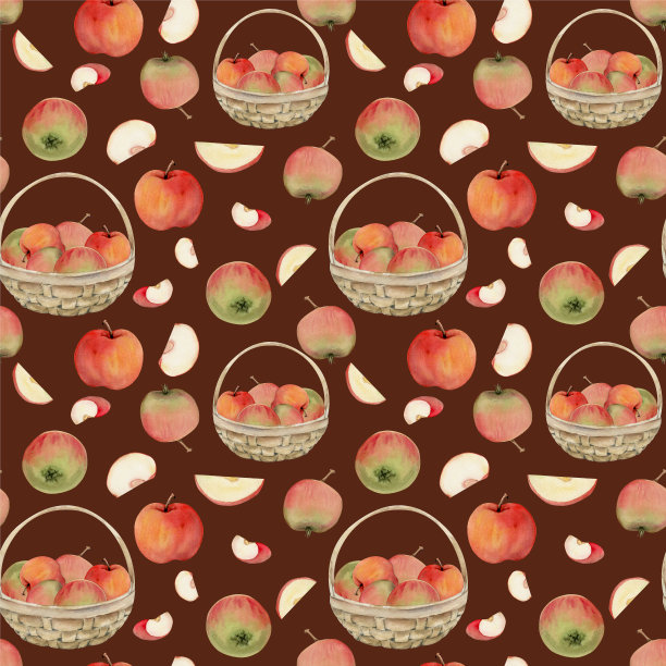 手绘水彩苹果果实在篮子里，成熟，饱满，切片红绿。无缝模式。彩色背景上孤立的物体。设计墙面艺术，婚礼，印花，织物，封面，卡片。图片下载