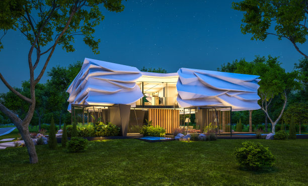 三维渲染的现代住宅与仿生自然曲线的塑性形式在夜间图片下载