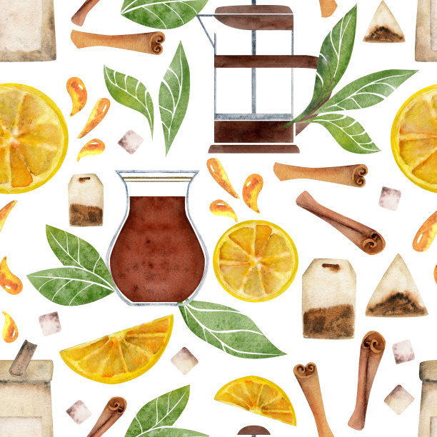 手绘水彩茶具茶柠檬土耳其玻璃陶器肉桂法国压滤机。无缝图案隔离在白色背景。用于邀请函，咖啡厅，餐厅食物菜单，打印，网站，卡片图片下载