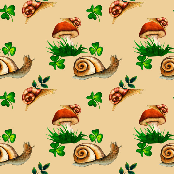 水彩无缝图案野生森林蘑菇，牛肝菌和蜗牛。自然森林草坪景观。野生景观。孤立的生态自然插图米色背景图片下载