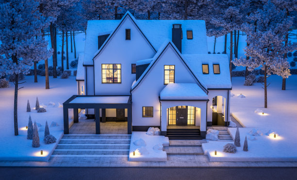 冬夜的黑白现代都铎式房屋3d渲染图图片下载