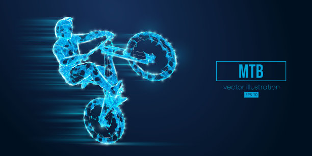 抽象线框剪影从三角形和粒子在蓝色背景，人是做一个伎俩，孤立。山地自行车运动交通工具。矢量图图片下载