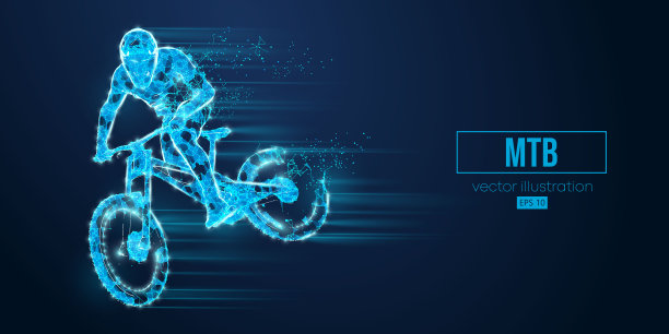 抽象线框剪影从三角形和粒子在蓝色背景，人是做一个伎俩，孤立。山地自行车运动交通工具。矢量图图片下载