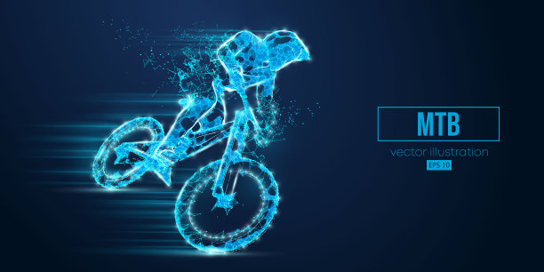 抽象线框剪影从三角形和粒子在蓝色背景，人是做一个伎俩，孤立。山地自行车运动交通工具。矢量图图片下载