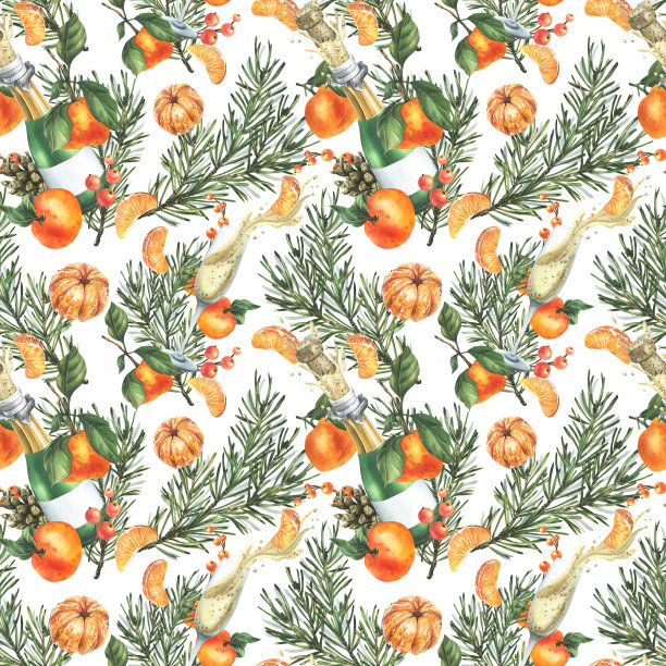 有松枝和松果的橘子，瓶装和玻璃杯里的香槟。手绘水彩插图圣诞织物，纺织品，包装纸。白色背景上的无缝图案。图片下载