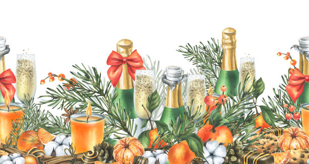 圣诞装饰，橘子，香槟。糖果和松枝。水彩插图，手绘。白色背景上的无缝水平边框。祝贺你，祝你节日快乐。图片下载