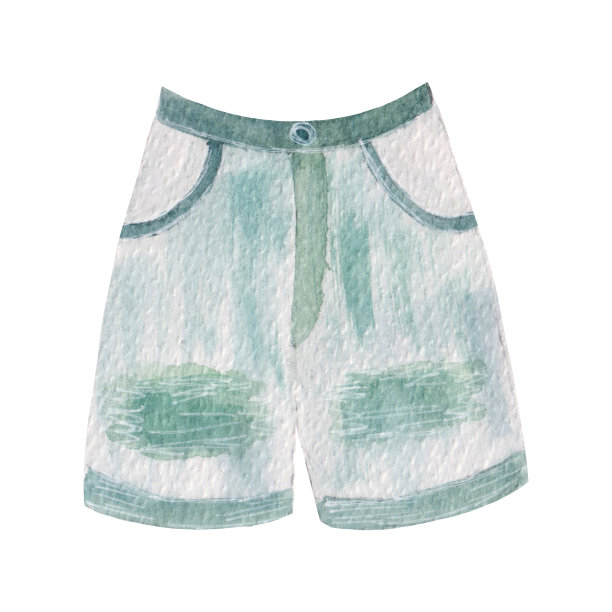 彩色水彩插图，时尚的夏季元素，蓝色短裤孤立在白色的背景。图片下载