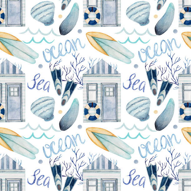 水彩夏季图案，海滨别墅，鳍，贝壳，冲浪板，水波在白色的背景。图片下载
