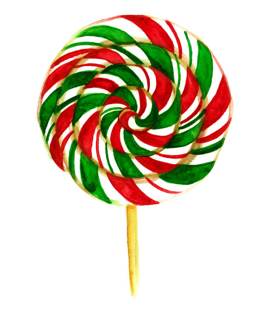 棒子上的圆形棒棒糖。扭曲成红色，白色，绿色条纹的螺旋状。孤立在白色背景上。图片下载