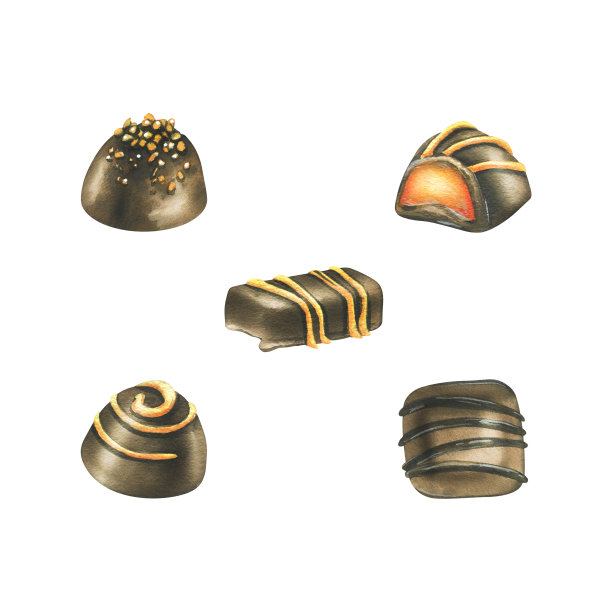 打开包装，里面装饰有橘子糖霜和橘子果冻的巧克力糖果。水彩插图，手绘。白色背景上的一组孤立物体。图片下载