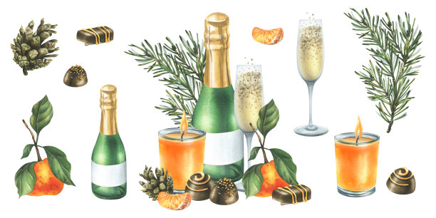 圣诞系列，有橘子、糖果、香料、香槟和植物。水彩插图，手绘节日装饰..白色背景上的一组孤立物体图片下载