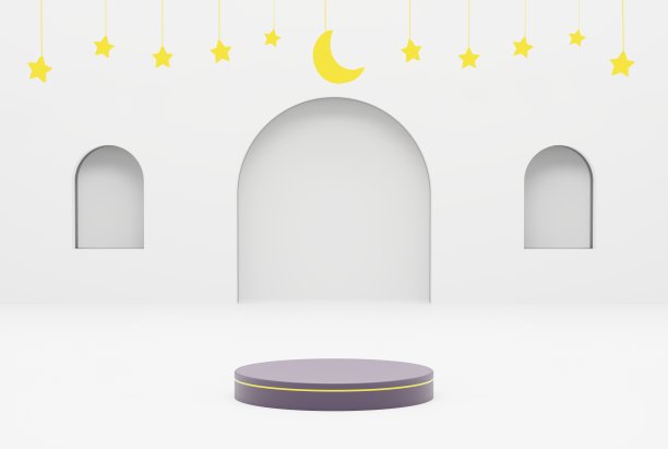 3d平台与白色背景星和新月金色。斋月，斋月，开斋节和伊斯兰教的概念。三维插图渲染图片下载