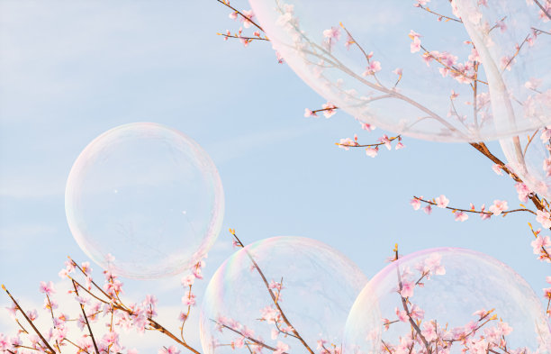 美丽的樱花花朵和肥皂泡在蓝天的背景。三维渲染图片下载