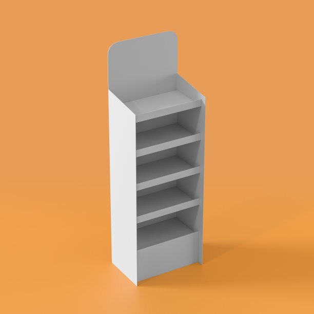 白色POS POI纸板地板展示架超市空白空显示与货架产品在橙色背景隔离。3d渲染图片下载