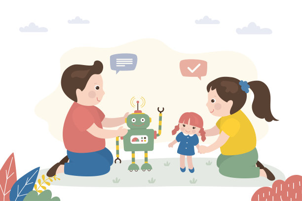 快乐的女孩和男孩聊天，玩玩具。朋友们玩机器人和娃娃。童年，想象力，学前游戏。可爱的学龄前儿童角色。可爱的朋友玩游戏图片下载