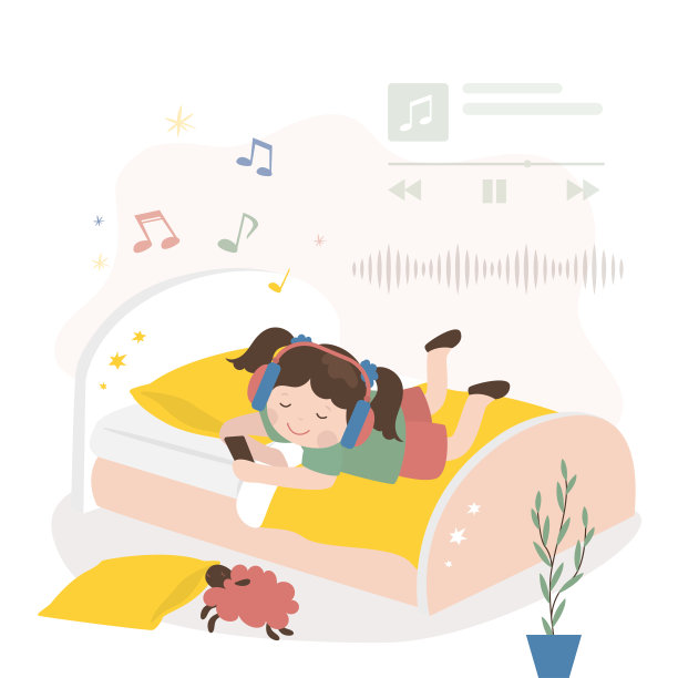 戴着无线耳机的白人女孩在听音乐。可爱的孩子喜欢好听的声音或在线流媒体。音乐在线应用，学龄前女孩听播客。图片下载