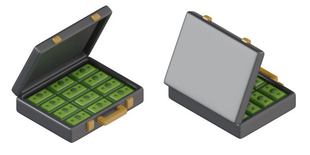 将打开的箱子与钱隔离在白色背景上。集合对象等距视图。3d逼真的插图。图片下载