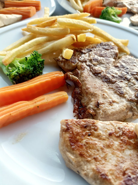 白盘子里的猪肉牛排图片下载