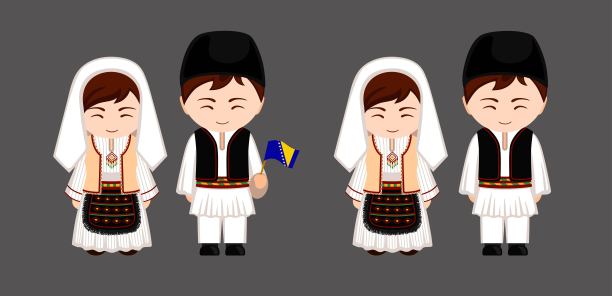 身着民族服装的波斯尼亚人。波斯尼亚和黑塞哥维那传统服饰情侣卡通人物，孤立的扁平矢量图图片下载
