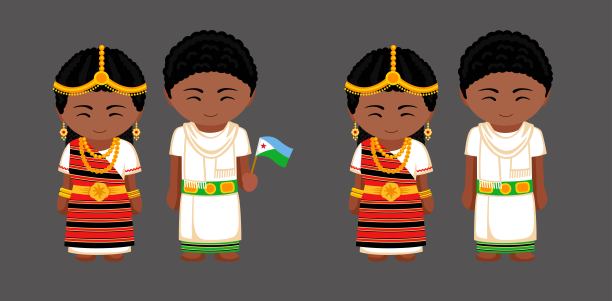 身着民族服装的吉布提人。穿着吉布提传统服装的夫妇。男女卡通人物。孤立的扁平矢量图。图片下载
