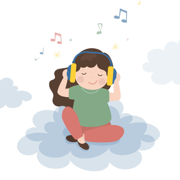 戴着耳机的白人女孩在听音乐。可爱的孩子喜欢好听的声音和在线流媒体。音乐在线应用，学龄前女孩听播客。快乐的孩子坐在云上。图片下载