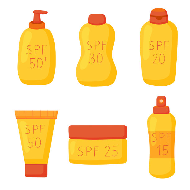 防晒系列。面霜，乳液，摩丝，喷雾。夏天的化妆品。防晒、护肤、防晒、护肤产品。矢量图图片下载