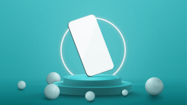 蓝色讲台上的白色智能手机，蓝色抽象场景，霓虹白色环和讲台周围的3D球体。图片下载