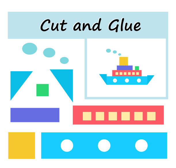剪下图像的一部分，然后粘在纸上。DIY工作表。从几何形状出发。图片下载