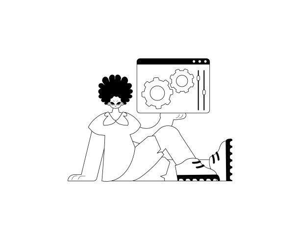 男仆手里拿着一个浏览器，里面有设置和修复的图片。订阅主题。黑白线艺术。时尚的风格，矢量插图图片下载