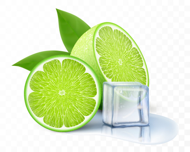 鲜酸橙加冰块。石灰的成分有叶、半石灰、片石灰、水坑水。在透明背景上隔离的3D逼真矢量插图图片下载