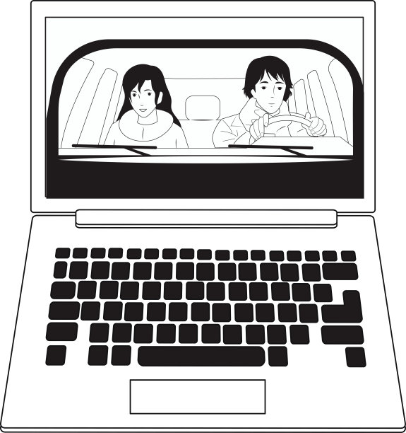 一个女孩和一个男孩开着车。黑色和白色。笔记本电脑屏幕图片下载