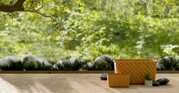 水果篮木桌与空篮子筛子盘的全景图像天空山景观背景阴天和白天的自然背景3D插图图片下载