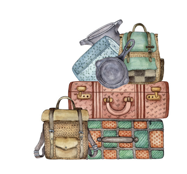 野餐装在背包和手提箱里。水彩插图图片下载