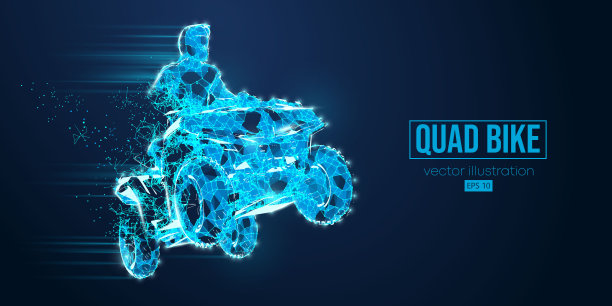 抽象线框轮廓的ATV四驱车，全地形车辆从三角形和粒子在蓝色背景，孤立。骑手跳上四轮摩托车。矢量图图片下载