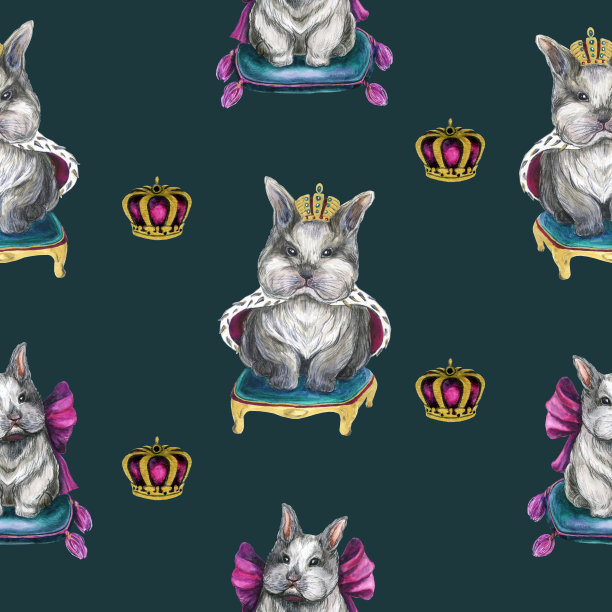 可爱的水彩图案与兔子。兔子的写实画。可爱的孩子画。装饰明信片，剪贴画。卡通宠物水彩兔。图片下载