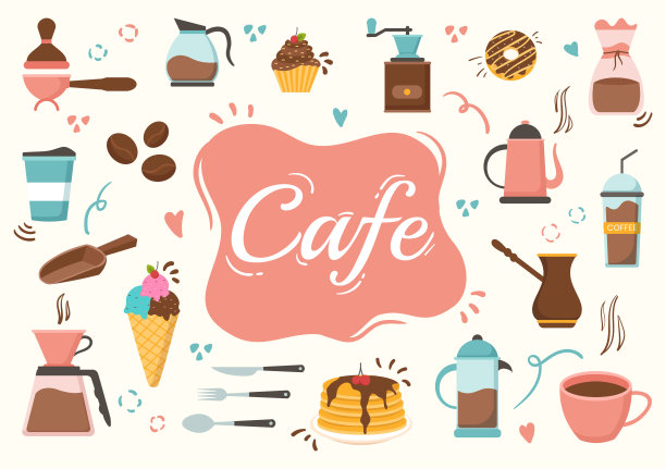 咖啡馆矢量插图与酒吧站，桌子和扶手椅在平面卡通手绘登陆页餐厅背景模板图片下载