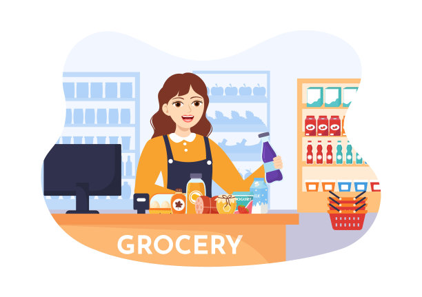 食品杂货店购物矢量插图与食品项目和产品分类在超市平面卡通手绘模板图片下载