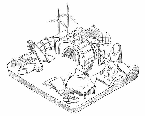 宇航员的科幻之家，概念艺术草图图片下载