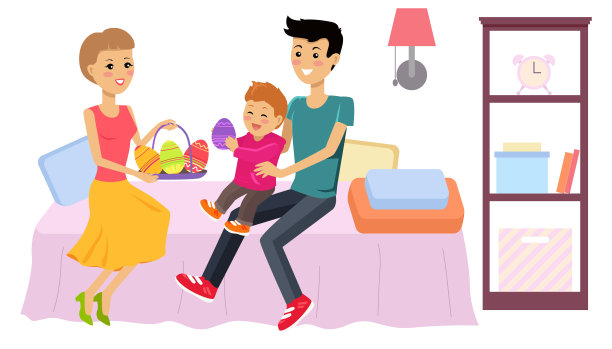 复活节海报和横幅模板与复活节彩蛋和家庭。复活节的问候和礼物都是扁平的造型图片下载