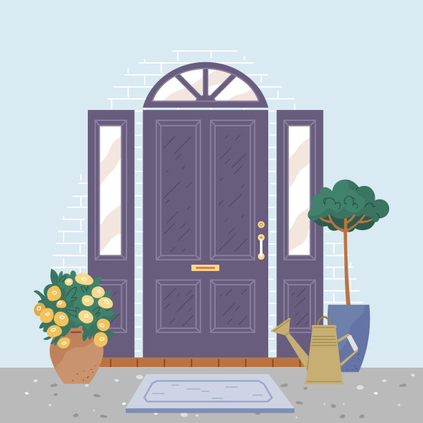 房屋外立面。街道的正面视图。封闭的家庭入口外部有盆栽植物图片下载