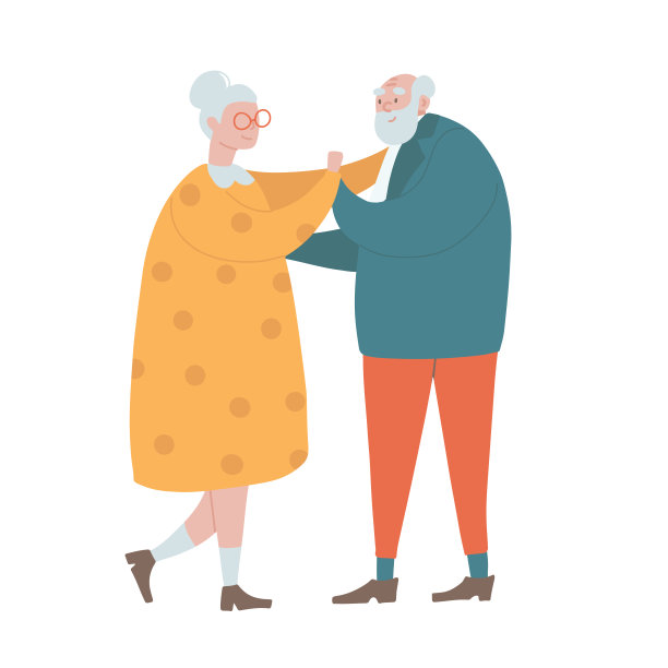 老年情侣舞蹈。老年人浪漫关系概念。快乐的老男人和女人在跳舞时手牵着手拥抱。旧字符约会，孤立的手绘平面矢量插图。图片下载