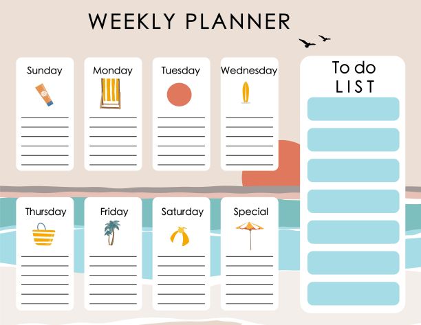 可爱的每周计划背景与海滩，阳光，大海，沙子。矢量插图的孩子和婴儿。可编辑元素图片下载